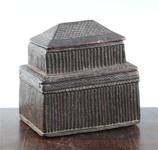 A Nepalese carved wood treasure box, probably 19th century, 6in.
